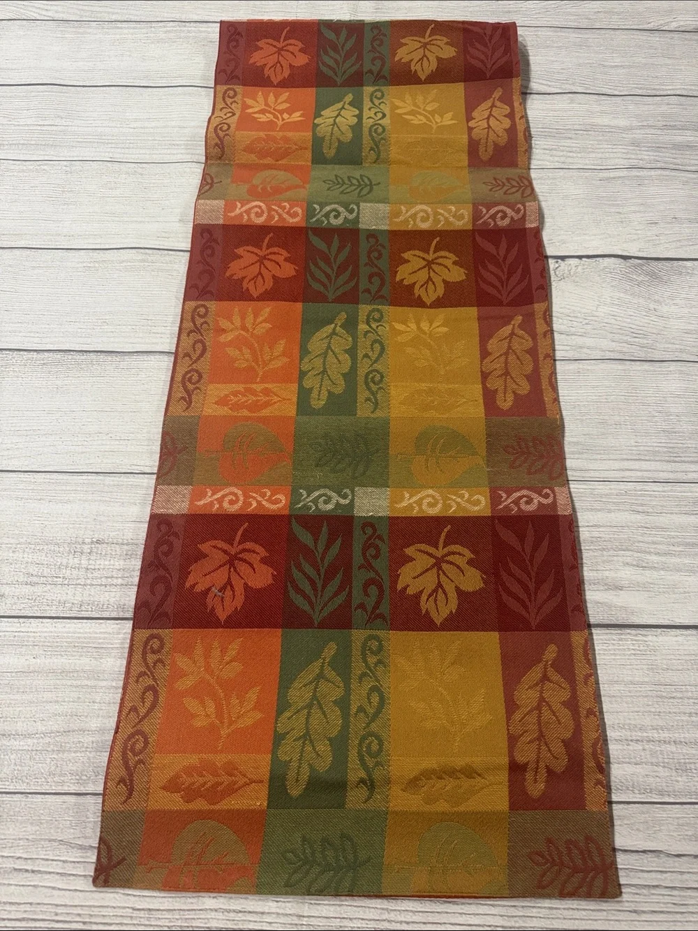 Autumn Leaf Pattern Table Runner in Red, Orange, Gold & Green
